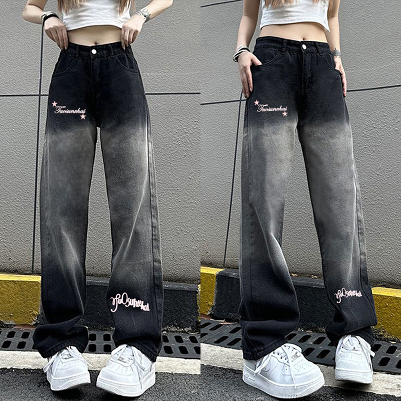 High-Waisted Black and Gray Gradient Wide-Leg Pants for Women - Versatile Casual Slim-Fit High Street Style