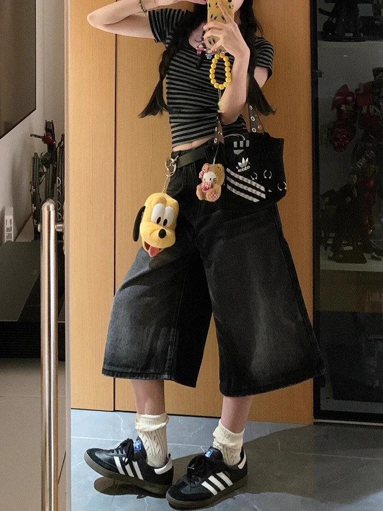 High-Waisted Black Denim Capri Shorts for Women - Retro Loose Wide-Leg Summer Fashion Trousers