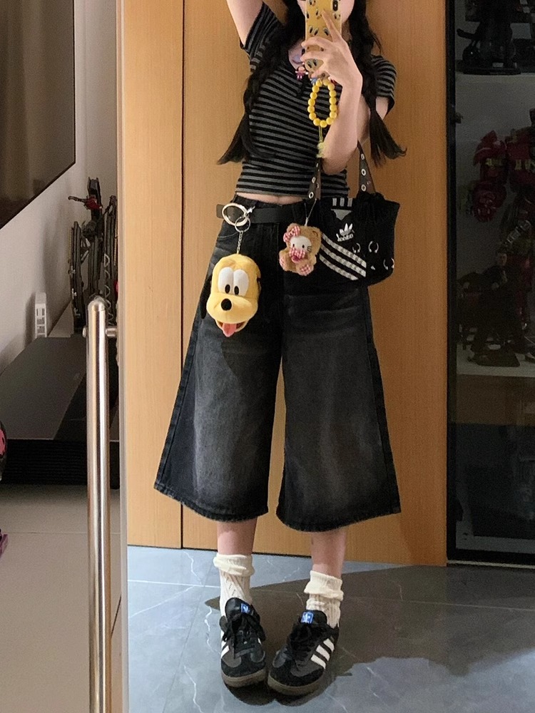 High-Waisted Black Denim Capri Shorts for Women - Retro Loose Wide-Leg Summer Fashion Trousers High-Waisted Black Denim Capri Shorts for Women - Retro Loose Wide-Leg Summer Fashion Trousers