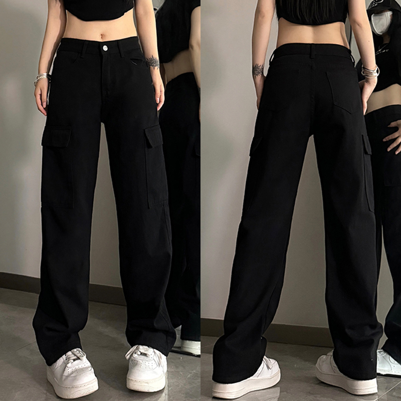 High-Waisted Black Denim Jeans for Women - American Style Workwear, Slimming Loose Straight-Leg Wide-Leg Casual Pants