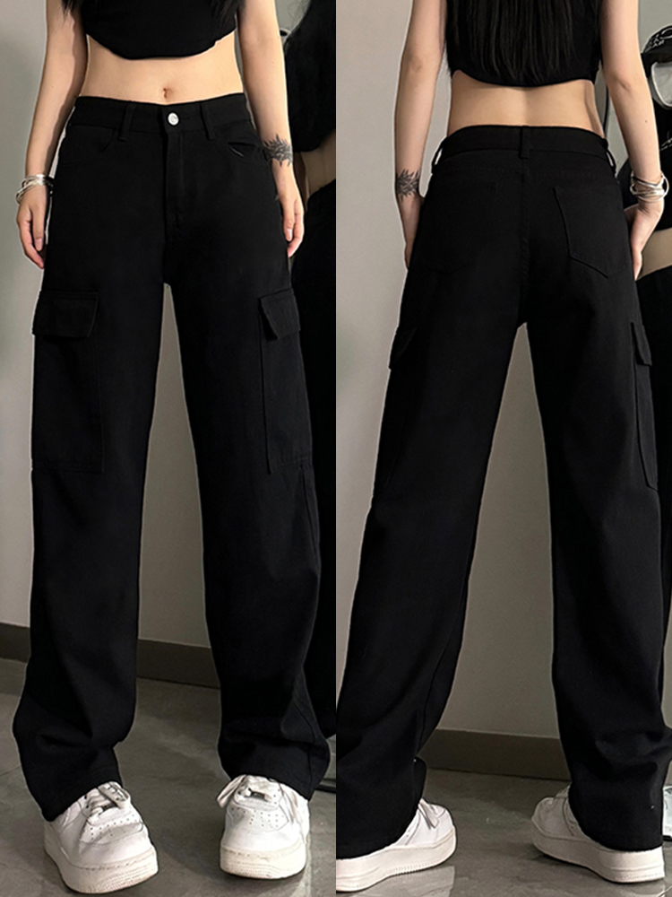 High-Waisted Black Denim Jeans for Women - American Style Workwear, Slimming Loose Straight-Leg Wide-Leg Casual Pants