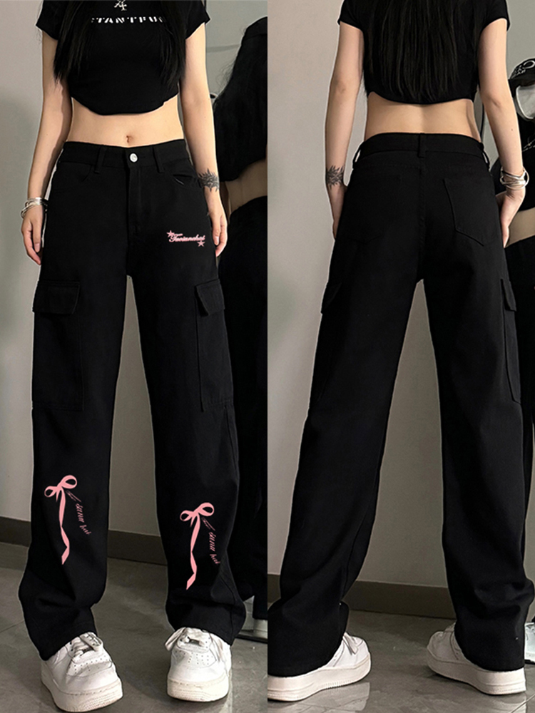 High-Waisted Black Denim Pants for Women with Bow Print, Slimming Straight-Leg Wide-Leg Trousers, American High Street Workwear Style
