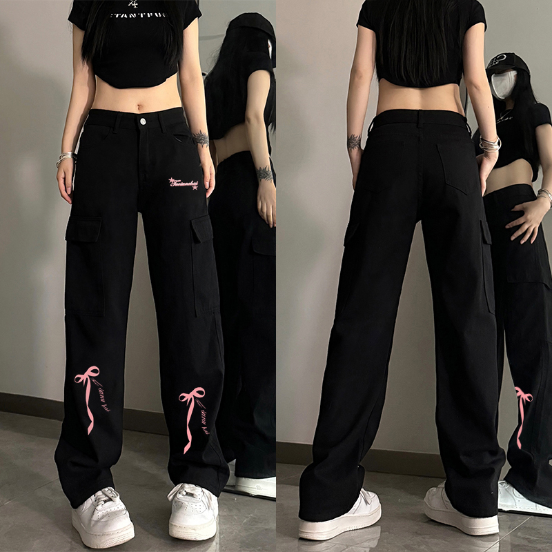 High-Waisted Black Denim Pants for Women with Bow Print, Slimming Straight-Leg Wide-Leg Trousers, American High Street Workwear Style