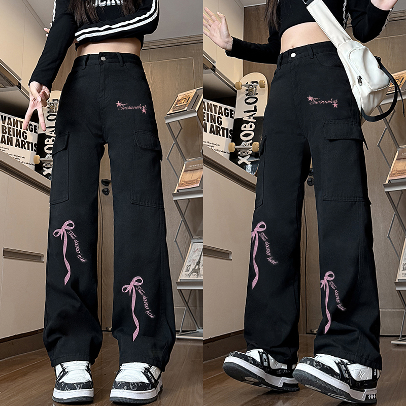 High-Waisted Black Denim Pants for Women with Bow Print, Slimming Straight-Leg Wide-Leg Trousers, American-Style High Street Workwear