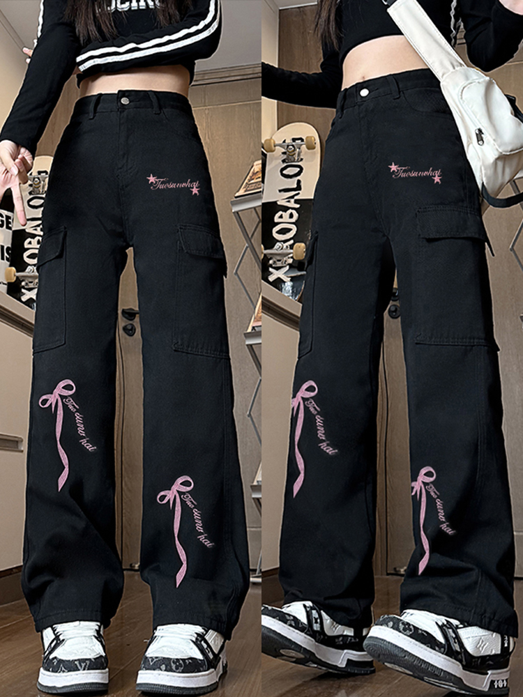 High-Waisted Black Denim Pants for Women with Bow Print, Slimming Straight-Leg Wide-Leg Trousers, American-Style High Street Workwear