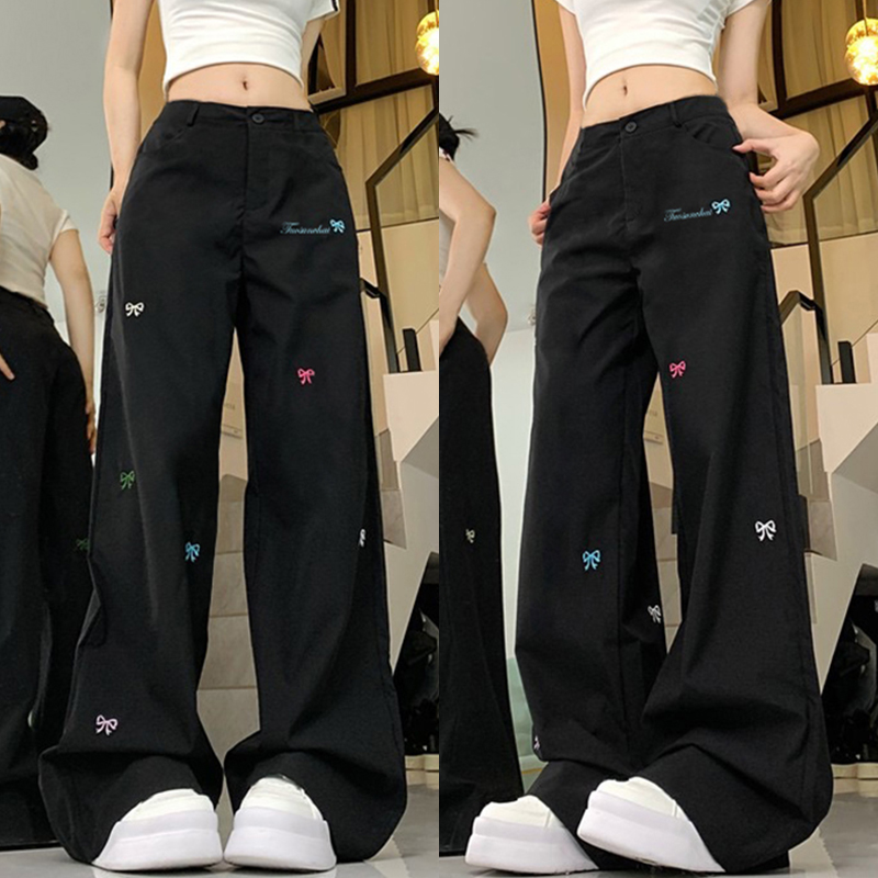 High-Waisted Black Embroidered Wide-Leg Pants for Women - Casual Versatile American High Street Style