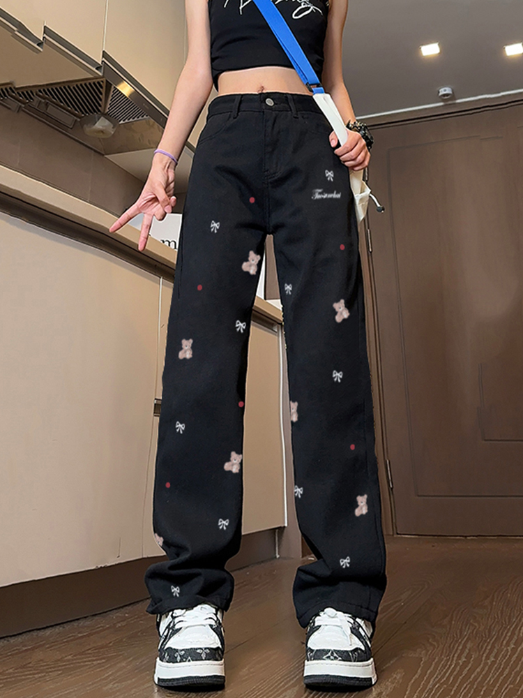 High-Waisted Black Embroidered Wide-Leg Pants for Women - Casual Versatile American Style High Street Fashion High-Waisted Black Embroidered Wide-Leg Pants for Women - Casual Versatile American Style High Street Fashion