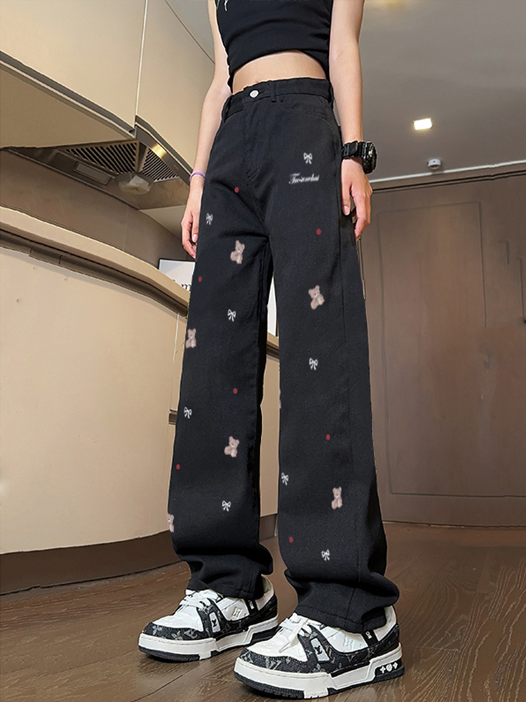 High-Waisted Black Embroidered Wide-Leg Pants for Women - Casual Versatile American Style High Street Fashion High-Waisted Black Embroidered Wide-Leg Pants for Women - Casual Versatile American Style High Street Fashion