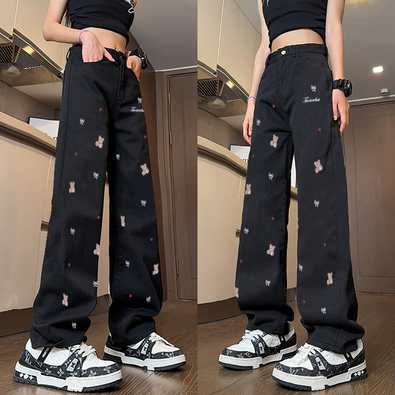 High-Waisted Black Embroidered Wide-Leg Pants for Women - Casual Versatile American Style High Street Fashion