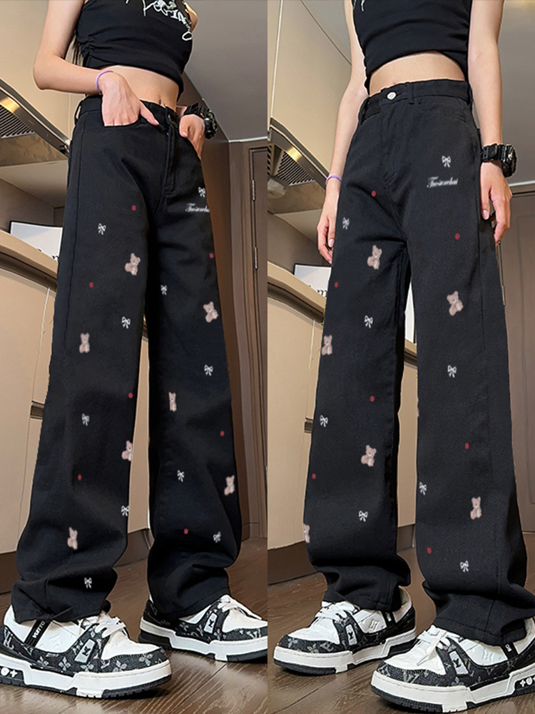 High-Waisted Black Embroidered Wide-Leg Pants for Women - Casual Versatile American Style High Street Fashion