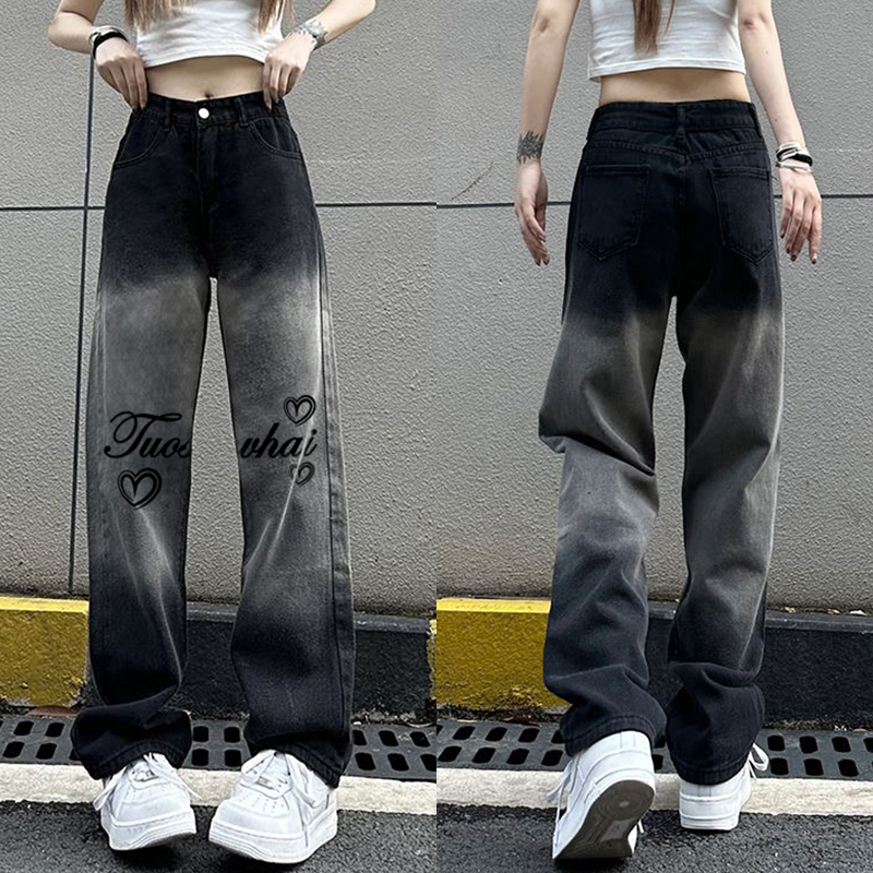 High-Waisted Black Gradient Heart Print Wide-Leg Pants for Women - American High Street Casual Slim-Fit Style