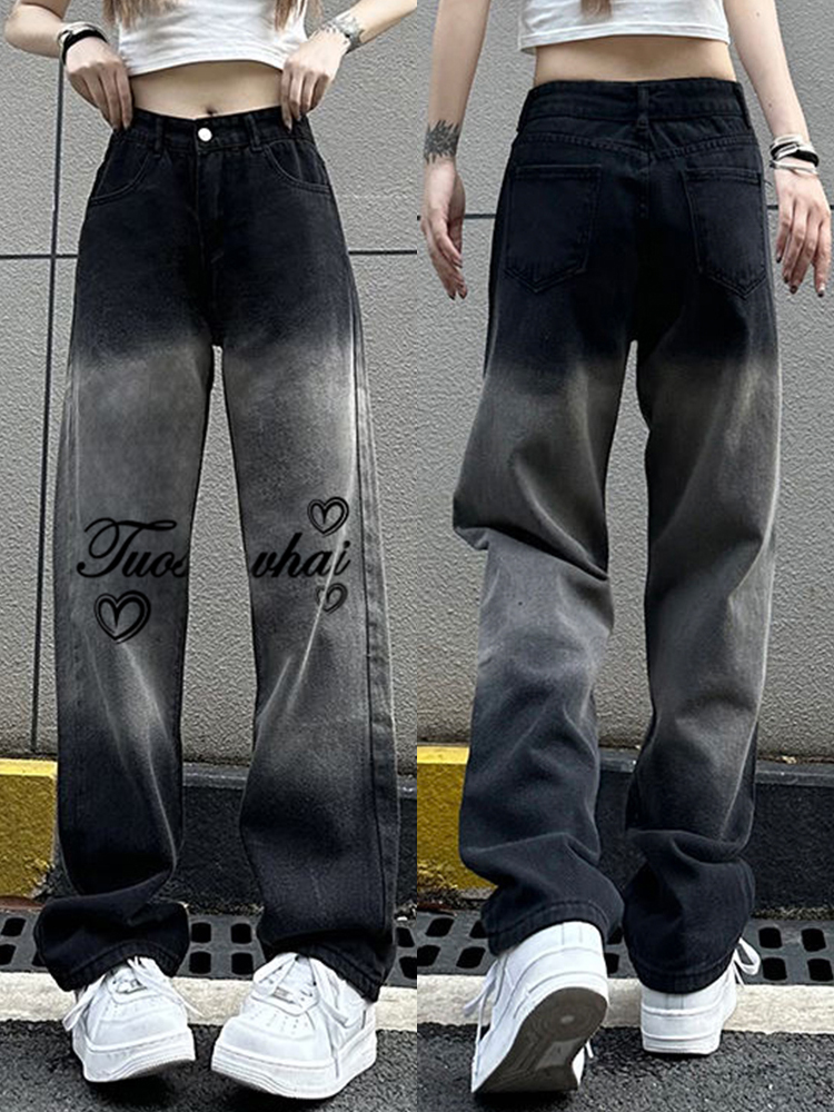 High-Waisted Black Gradient Heart Print Wide-Leg Pants for Women - American High Street Casual Slim-Fit Style