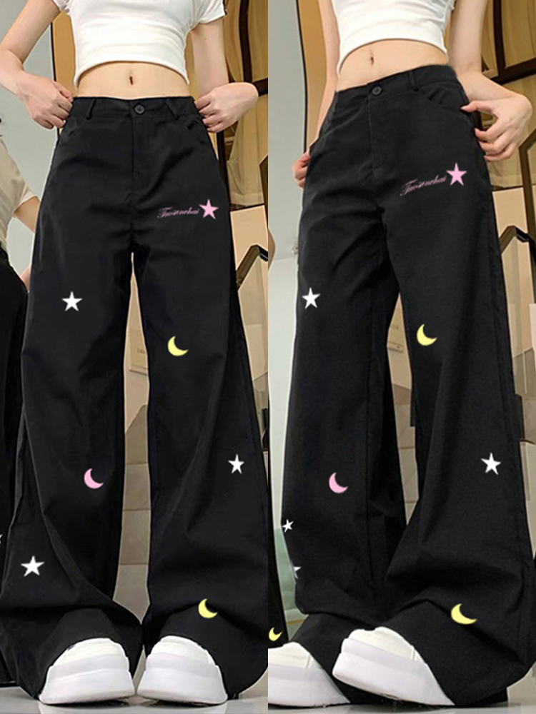 High-Waisted Black Jeans for Women - Trendy Embroidered Slim Straight Wide-Leg Pants - American Style High Street Fashion