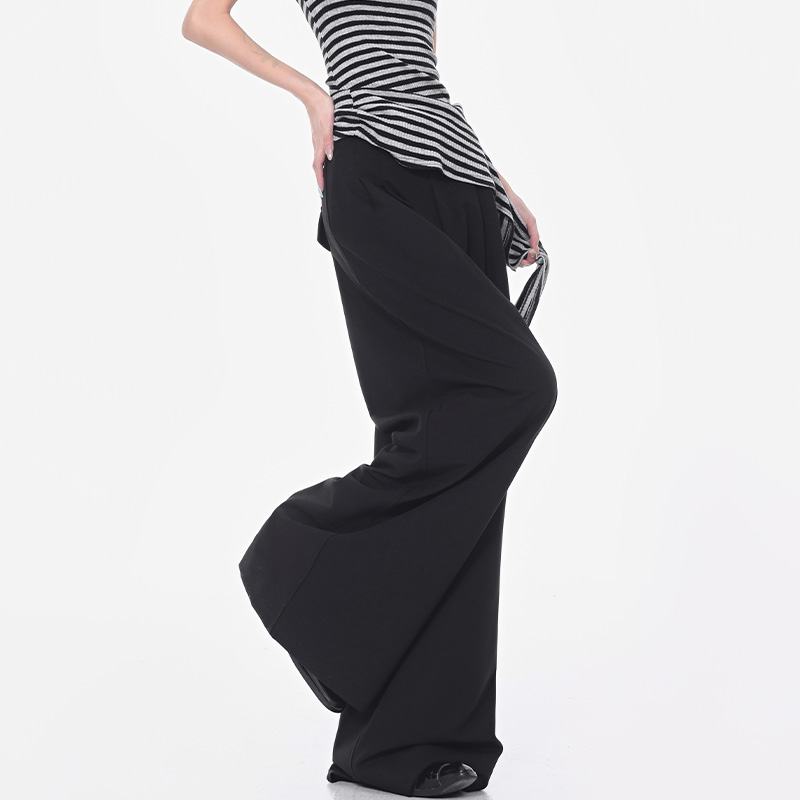 High-Waisted Black Wide-Leg Suit Pants for Women, Thin Pleated Draped Trousers, Trendy Summer Fashion, Chic Office Wear