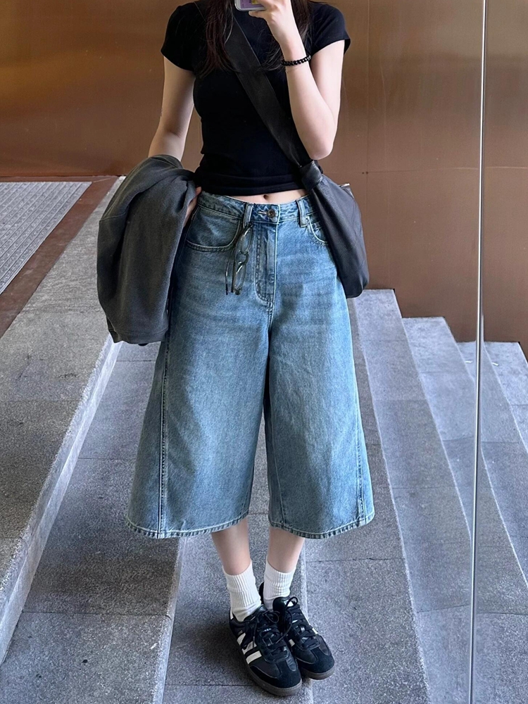 High-Waisted Blue Denim Capri Shorts for Women, Retro Loose Fit Straight Wide-Leg Summer Pants