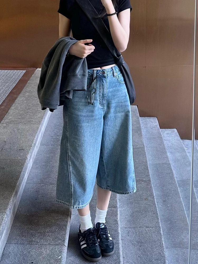 High-Waisted Blue Denim Capri Shorts for Women, Retro Loose Fit Straight Wide-Leg Summer Pants