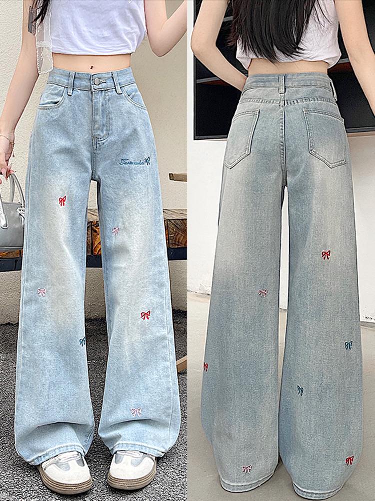 High-Waisted Blue Embroidered Casual Wide-Leg Pants for Women - American High Street Style, Versatile Slim-Fit Design