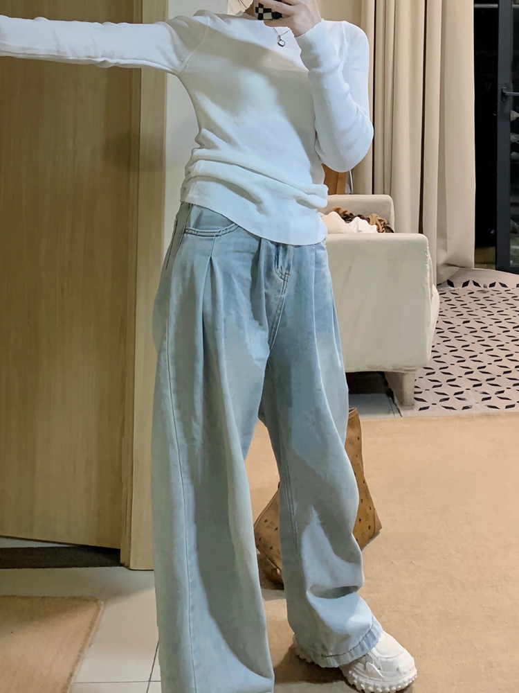 High-Waisted Blue Pleated Tencel Denim Pants for Women â€“ Summer Loose Wide-Leg Ice Silk Straight Trousers