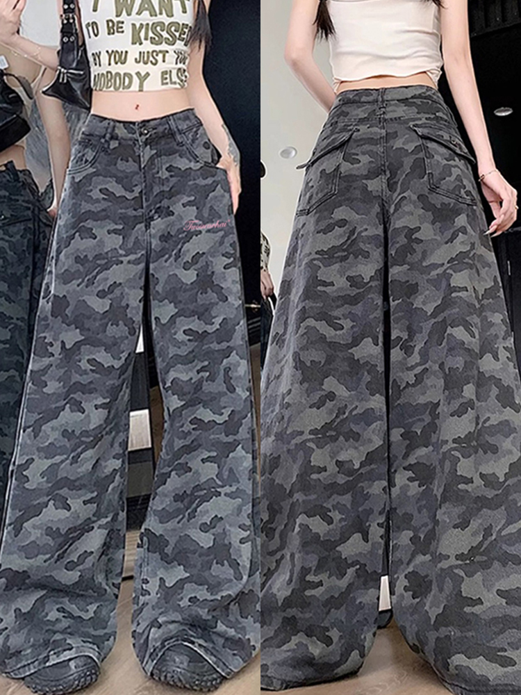 High-Waisted Camouflage Wide-Leg Jeans for Women - Vintage Workwear Inspired, Slim-Fit Loose Straight-Leg Floor-Length Pants