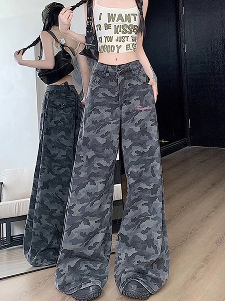 High-Waisted Camouflage Wide-Leg Jeans for Women - Vintage Workwear Inspired, Slim-Fit Loose Straight-Leg Floor-Length Pants High-Waisted Camouflage Wide-Leg Jeans for Women - Vintage Workwear Inspired, Slim-Fit Loose Straight-Leg Floor-Length Pants