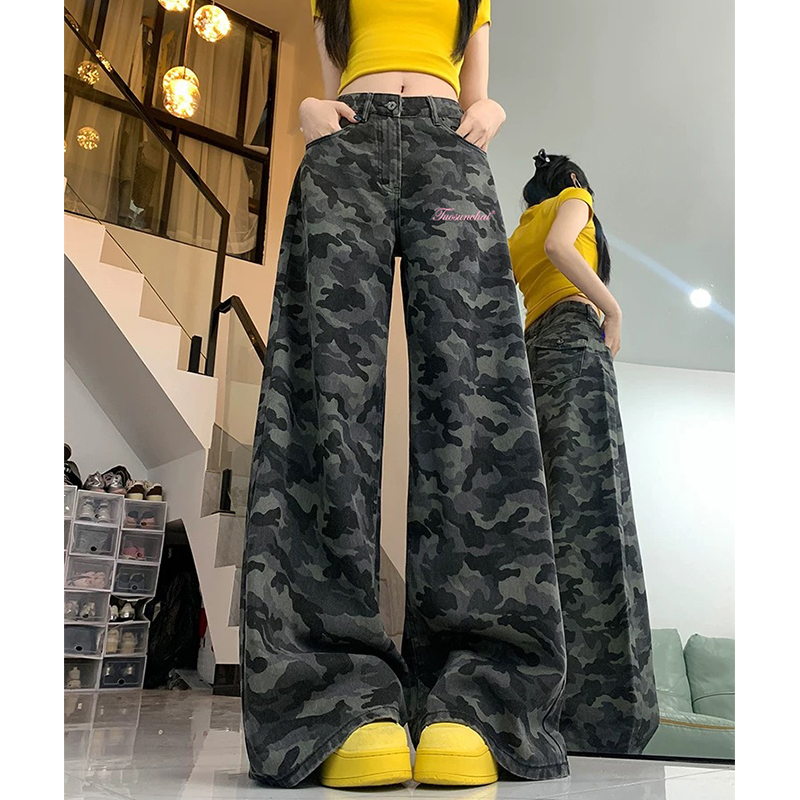 High-Waisted Camouflage Wide-Leg Jeans for Women - Vintage Workwear, Slim-Fit Loose Straight-Leg Floor-Length Pants