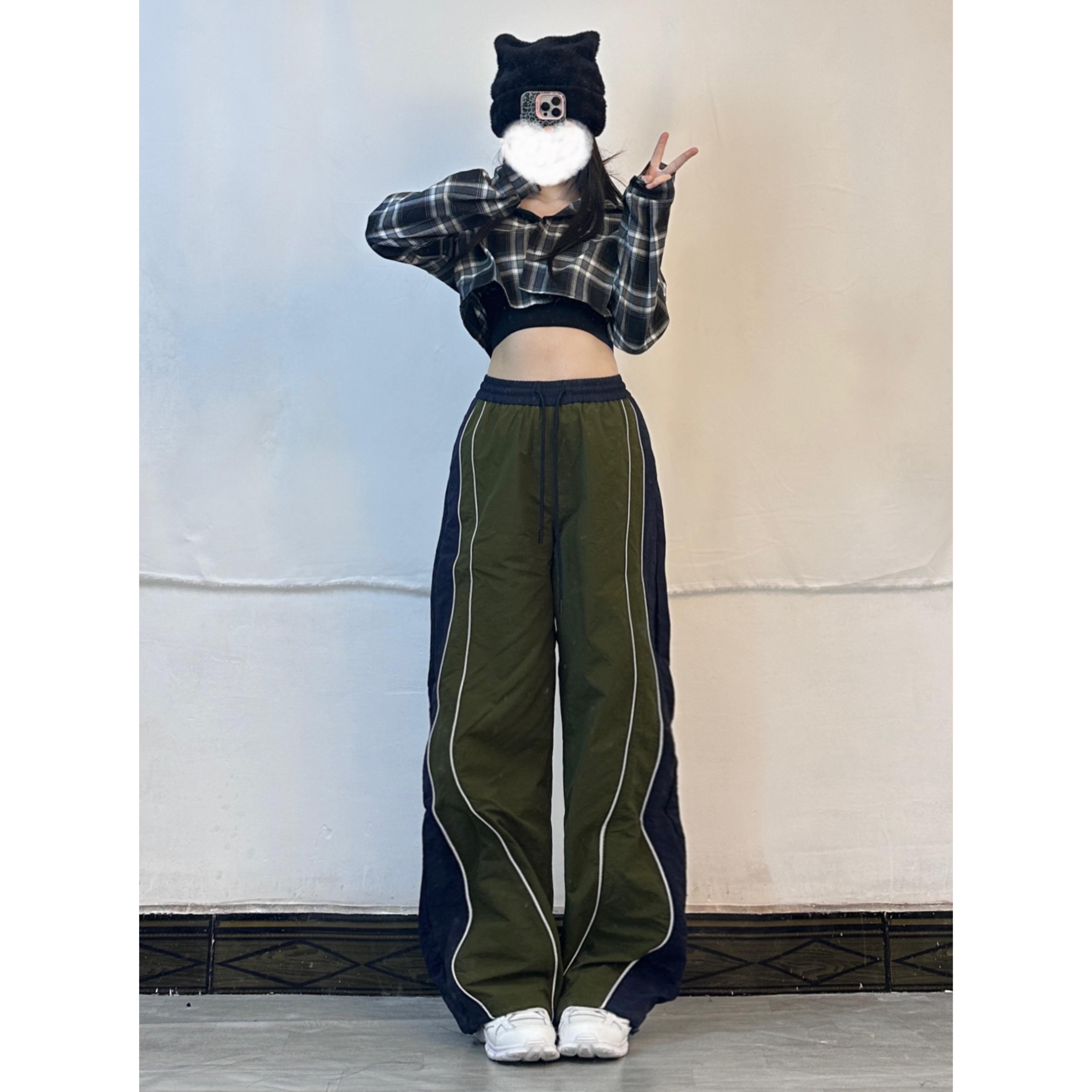 High-Waisted Color-Blocking Jazz Pants for Women - Retro Loose Wide-Leg Tapered Two-Way Straight Design, American Style