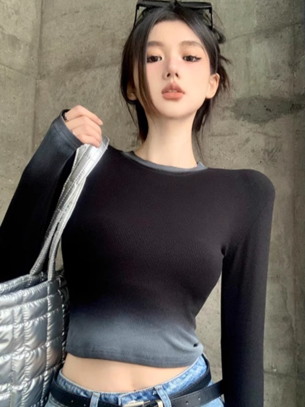 High-Waisted Crop Long Sleeve Shirt for Music Festival - K-Pop Inspired Sweet and Spicy Jazz Dance Top High-Waisted Crop Long Sleeve Shirt for Music Festival - K-Pop Inspired Sweet and Spicy Jazz Dance Top