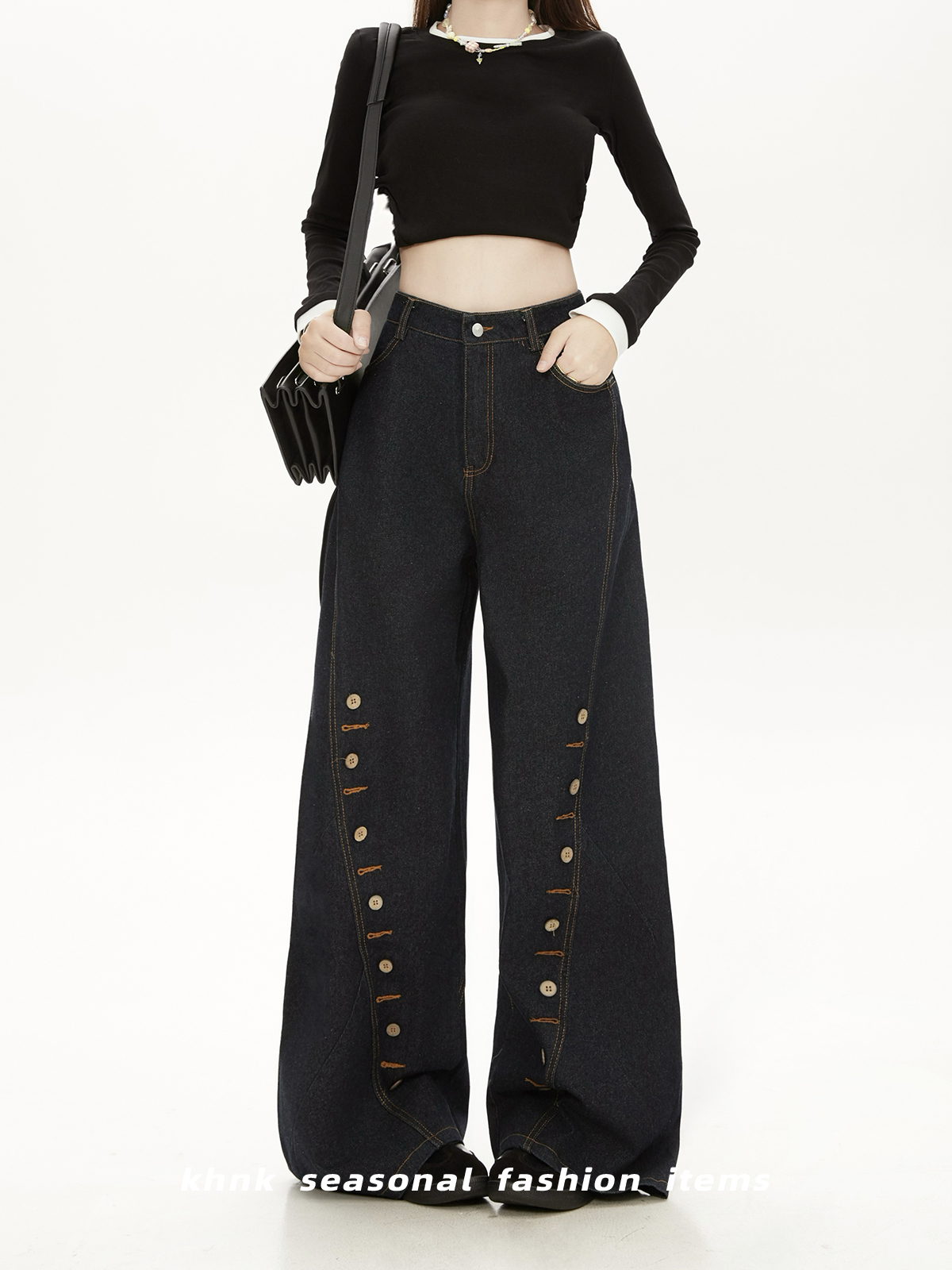 High-Waisted Deep Blue Denim Wide-Leg Pants with Eyelet Button Design - Casual American High Street Trend for Women