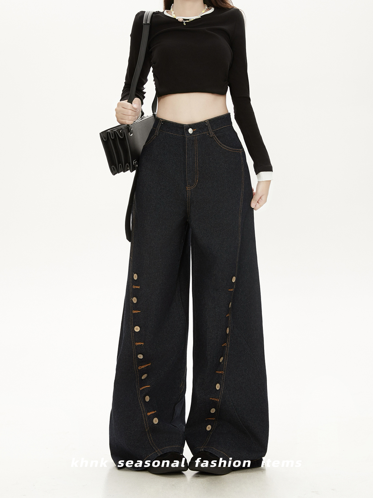 High-Waisted Deep Blue Denim Wide-Leg Pants with Eyelet Button Design - Casual American High Street Trend for Women High-Waisted Deep Blue Denim Wide-Leg Pants with Eyelet Button Design - Casual American High Street Trend for Women