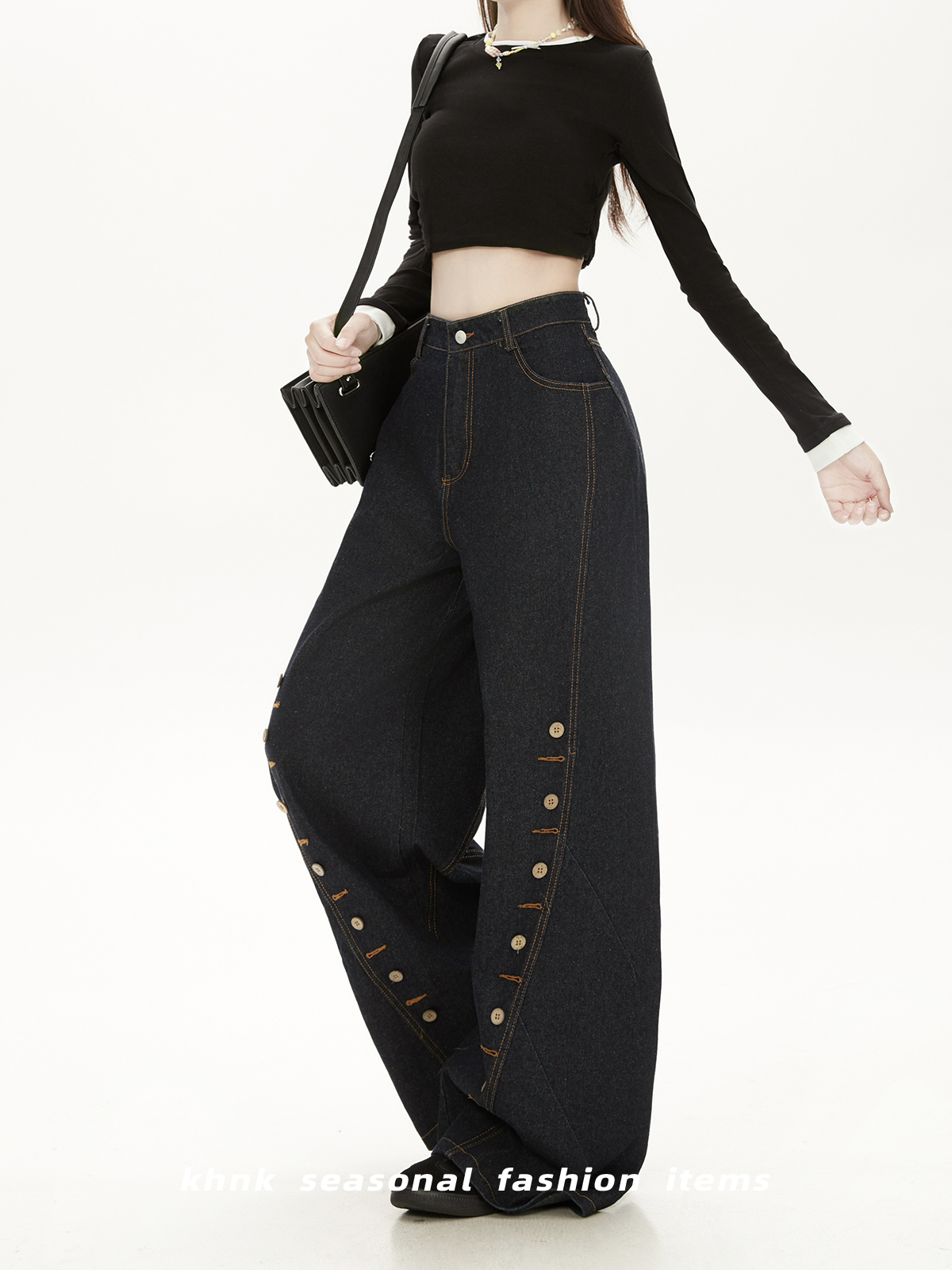 High-Waisted Deep Blue Denim Wide-Leg Pants with Eyelet Button Design - Casual American High Street Trend for Women