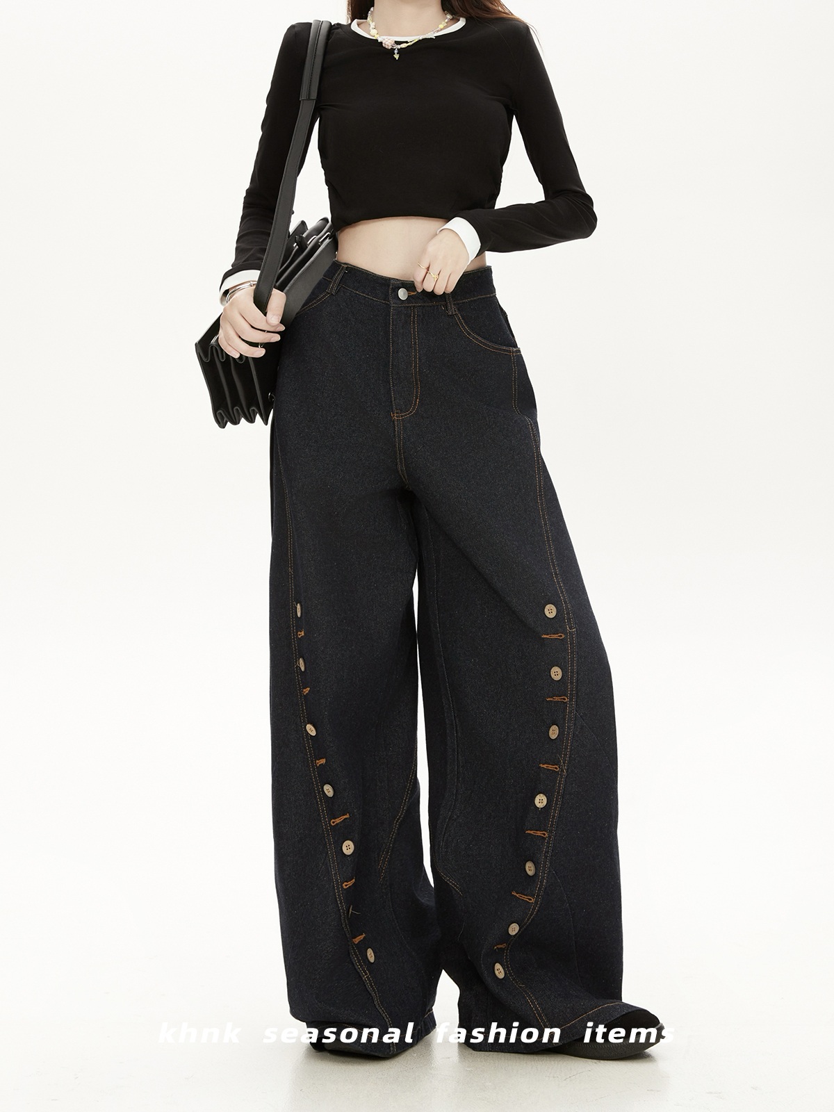 High-Waisted Deep Blue Denim Wide-Leg Pants with Eyelet Button Design - Casual American High Street Trend for Women High-Waisted Deep Blue Denim Wide-Leg Pants with Eyelet Button Design - Casual American High Street Trend for Women
