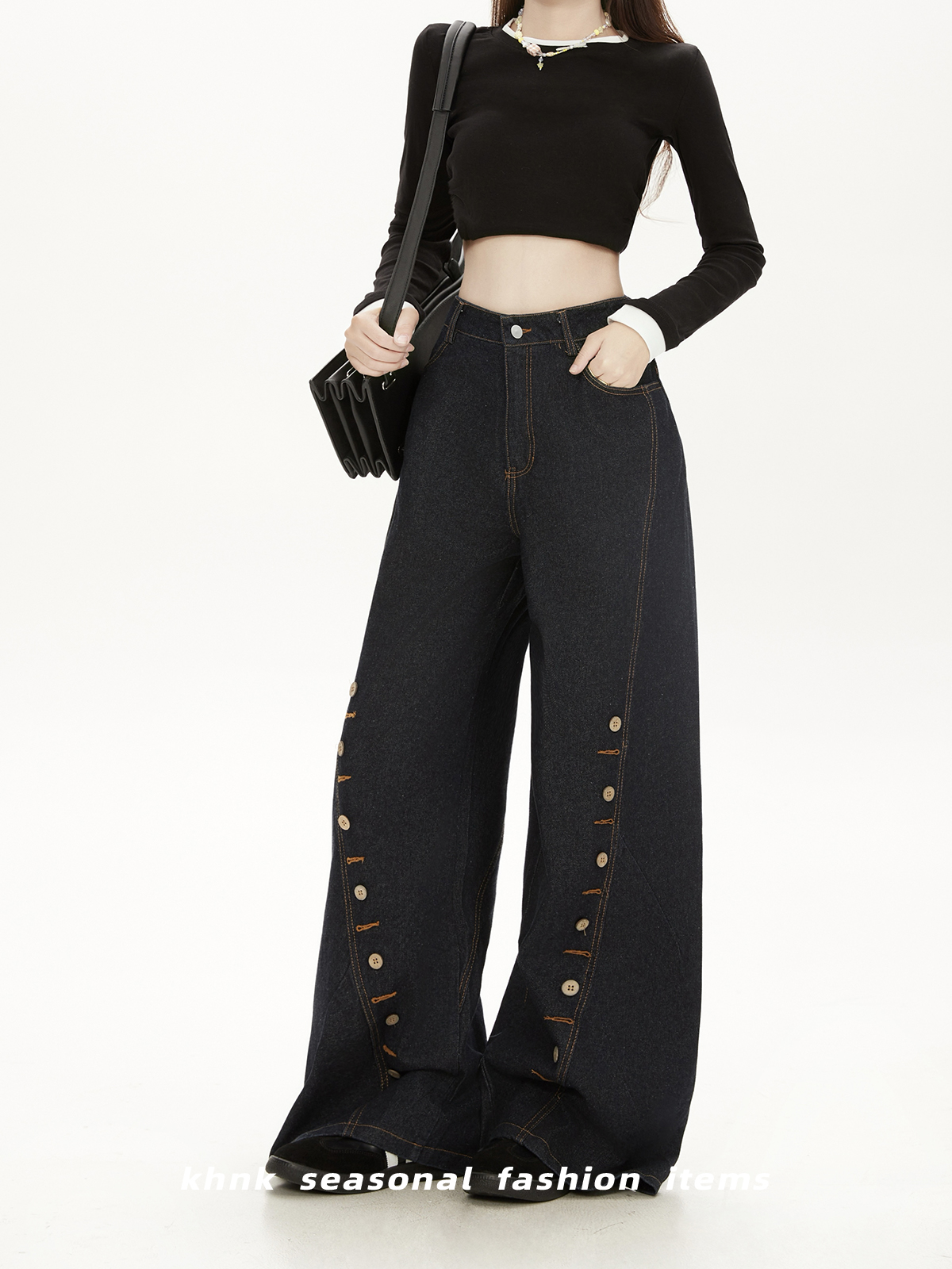High-Waisted Deep Blue Denim Wide-Leg Pants with Eyelet Button Design - Casual American High Street Trend for Women High-Waisted Deep Blue Denim Wide-Leg Pants with Eyelet Button Design - Casual American High Street Trend for Women
