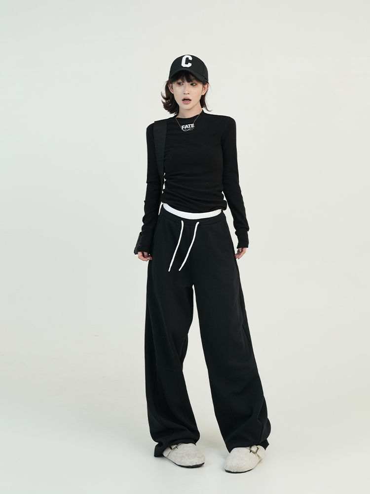High-Waisted Draped Wide-Leg Casual Pants for Women - Spring Korean Style Loose Versatile Elastic Waist Floor-Length Trousers