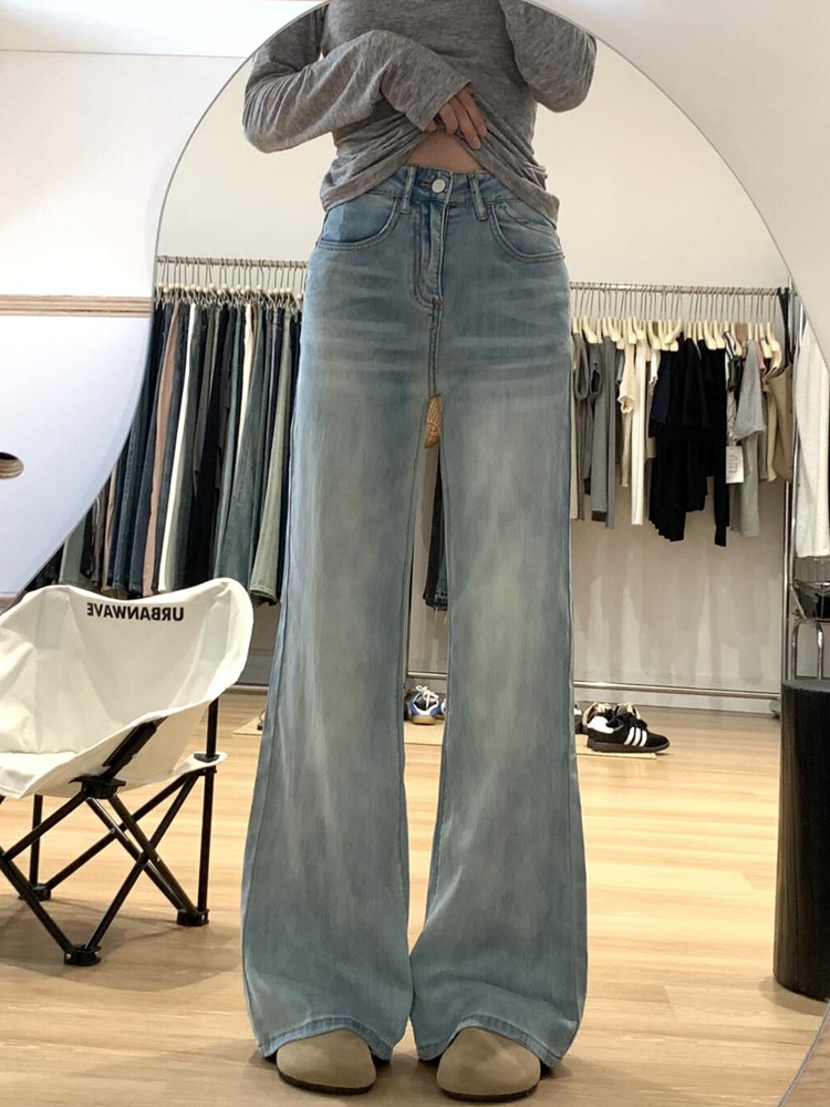 High-Waisted Flared Jeans for Women, Summer Thin Loose Wide-Leg Lycra Tencel Pants, Slimming Ice Silk Style