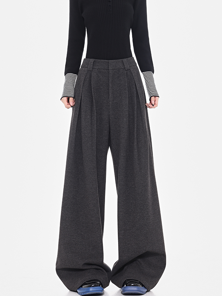 High-Waisted Gray Wool Wide-Leg Suit Pants for Women - Thick Loose Floor-Length Trousers, Perfect for Winter Fashion