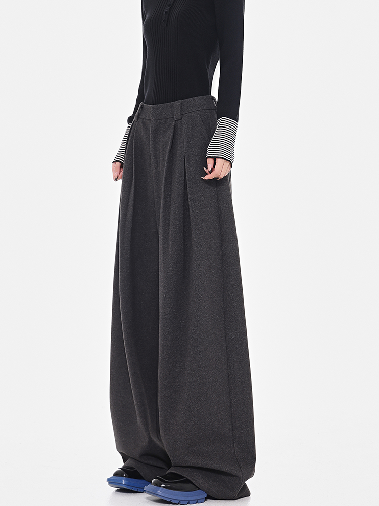 High-Waisted Gray Wool Wide-Leg Suit Pants for Women - Thick Loose Floor-Length Trousers, Perfect for Winter Fashion High-Waisted Gray Wool Wide-Leg Suit Pants for Women - Thick Loose Floor-Length Trousers, Perfect for Winter Fashion