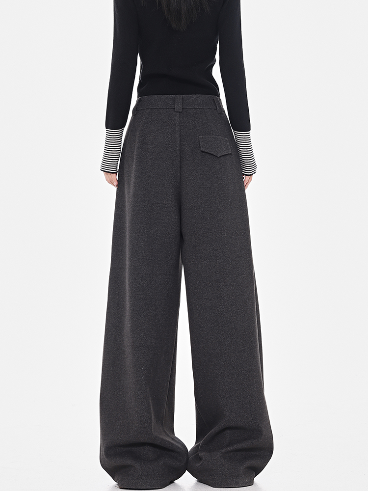 High-Waisted Gray Wool Wide-Leg Suit Pants for Women - Thick Loose Floor-Length Trousers, Perfect for Winter Fashion High-Waisted Gray Wool Wide-Leg Suit Pants for Women - Thick Loose Floor-Length Trousers, Perfect for Winter Fashion