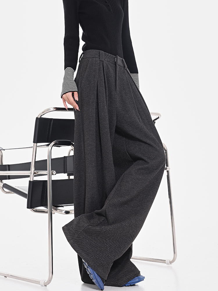 High-Waisted Gray Wool Wide-Leg Suit Pants for Women - Thick Loose Floor-Length Trousers, Perfect for Winter Fashion High-Waisted Gray Wool Wide-Leg Suit Pants for Women - Thick Loose Floor-Length Trousers, Perfect for Winter Fashion
