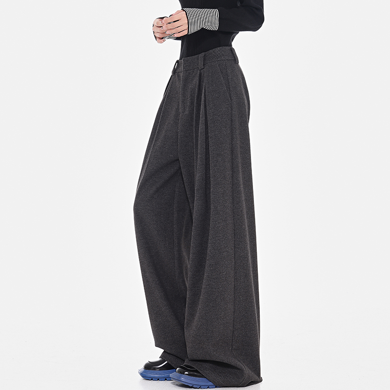 High-Waisted Gray Wool Wide-Leg Suit Pants for Women - Thick Loose Floor-Length Trousers, Perfect for Winter Fashion