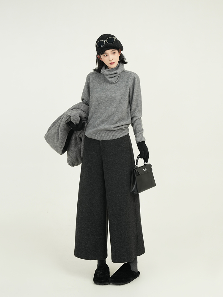 High-Waisted Gray Woolen Wide-Leg Cropped Pants for Women - Loose Slimming Casual Style for Autumn Winter, Korean Fashion High-Waisted Gray Woolen Wide-Leg Cropped Pants for Women - Loose Slimming Casual Style for Autumn Winter, Korean Fashion