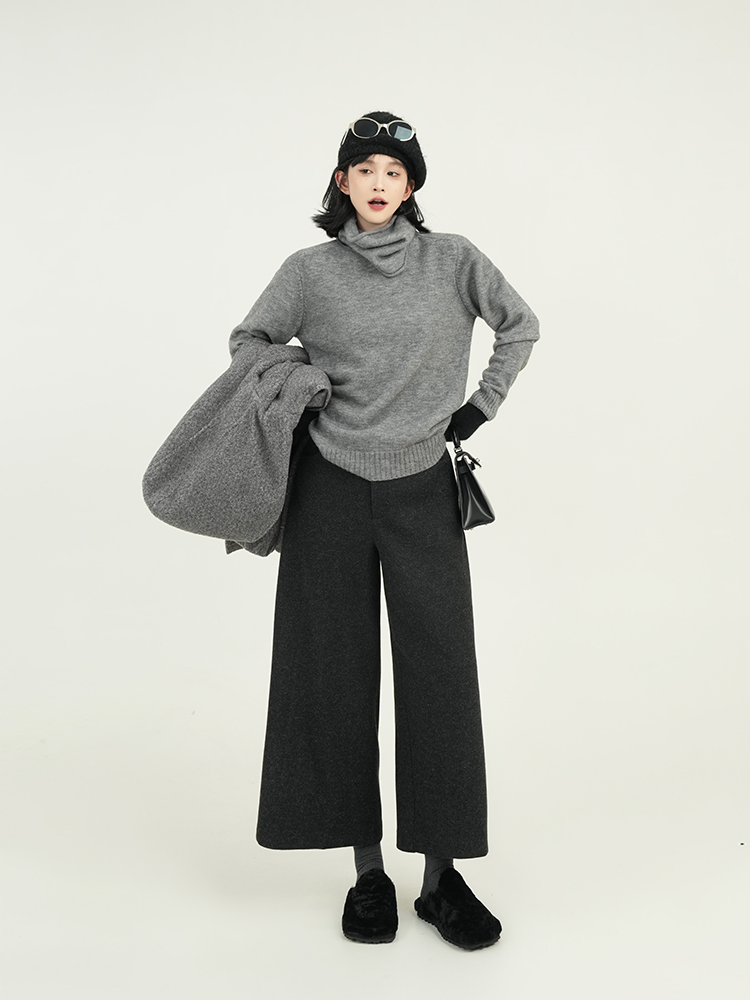 High-Waisted Gray Woolen Wide-Leg Cropped Pants for Women - Loose Slimming Casual Style for Autumn Winter, Korean Fashion High-Waisted Gray Woolen Wide-Leg Cropped Pants for Women - Loose Slimming Casual Style for Autumn Winter, Korean Fashion