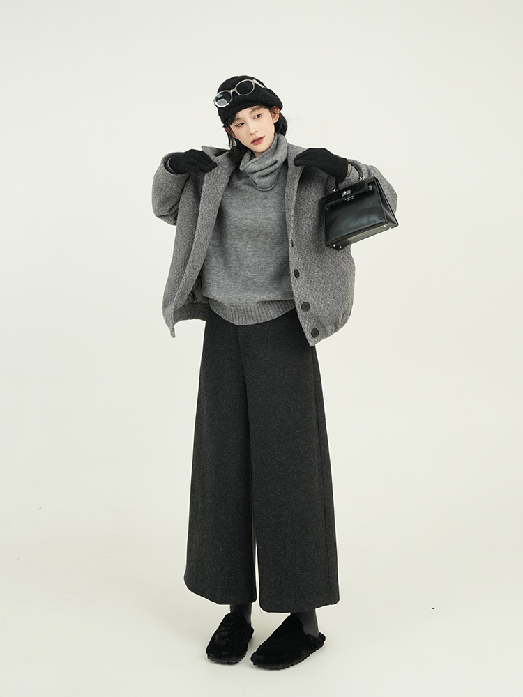 High-Waisted Gray Woolen Wide-Leg Cropped Pants for Women - Loose Slimming Casual Style for Autumn Winter, Korean Fashion