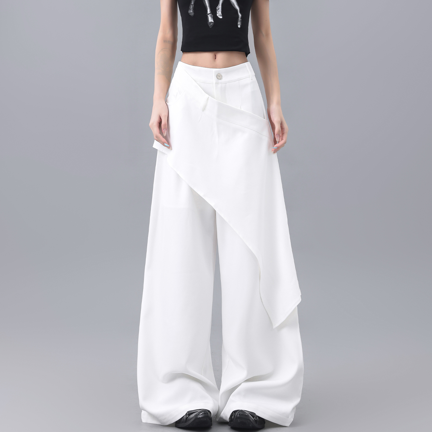 High-Waisted Irregular Spliced Suit Pants for Women - White Straight-Leg Floor-Length Trousers, Summer Fashion, Chic Style