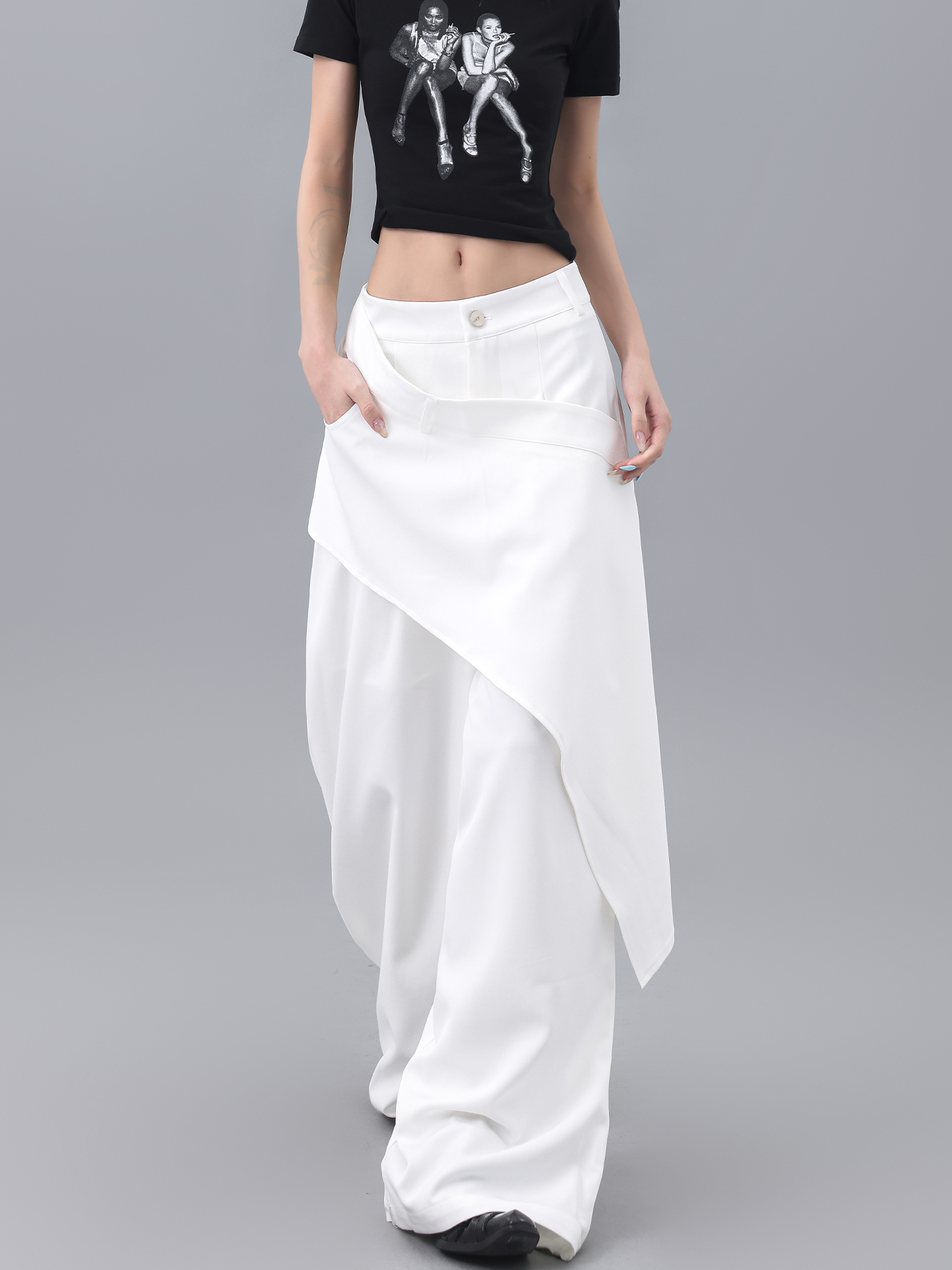 High-Waisted Irregular Spliced Suit Pants for Women - White Straight-Leg Floor-Length Trousers, Summer Fashion, Chic Style