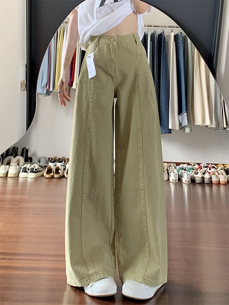 High-Waisted Khaki Spliced Wide-Leg Curved Blade Jeans for Women - Summer American Retro Loose Fit Pants