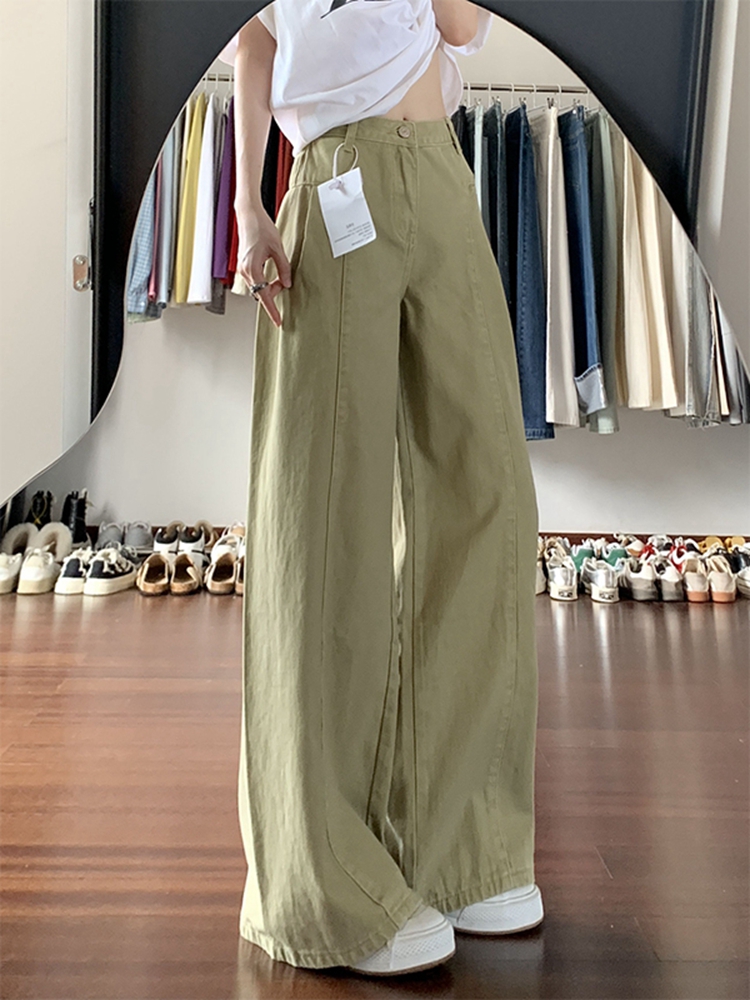 High-Waisted Khaki Spliced Wide-Leg Curved Blade Jeans for Women - Summer American Retro Loose Fit Pants High-Waisted Khaki Spliced Wide-Leg Curved Blade Jeans for Women - Summer American Retro Loose Fit Pants