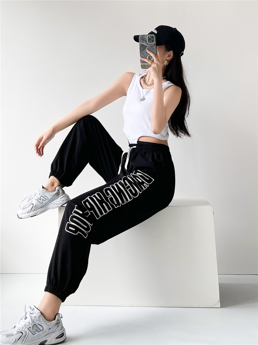 High-Waisted Letter Print Tapered Sports Pants for Women - Trendy Hip-Hop Jazz Dance Style, Casual American High Street Fashion High-Waisted Letter Print Tapered Sports Pants for Women - Trendy Hip-Hop Jazz Dance Style, Casual American High Street Fashion