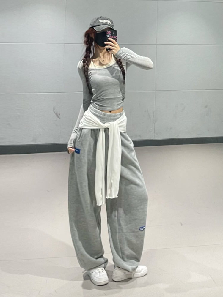 High-Waisted Loose Casual Sports Pants for Women - Light Gray Straight-Leg K-Pop Jazz Dance Sweatpants for Spring & Summer