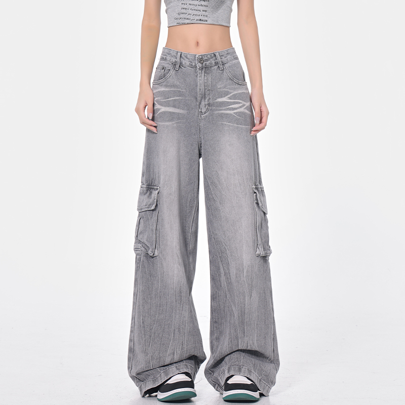 High-Waisted Loose-Fit Vintage Workwear Jeans for Women - Spring 2025 American Style, Slimming Floor-Length Design