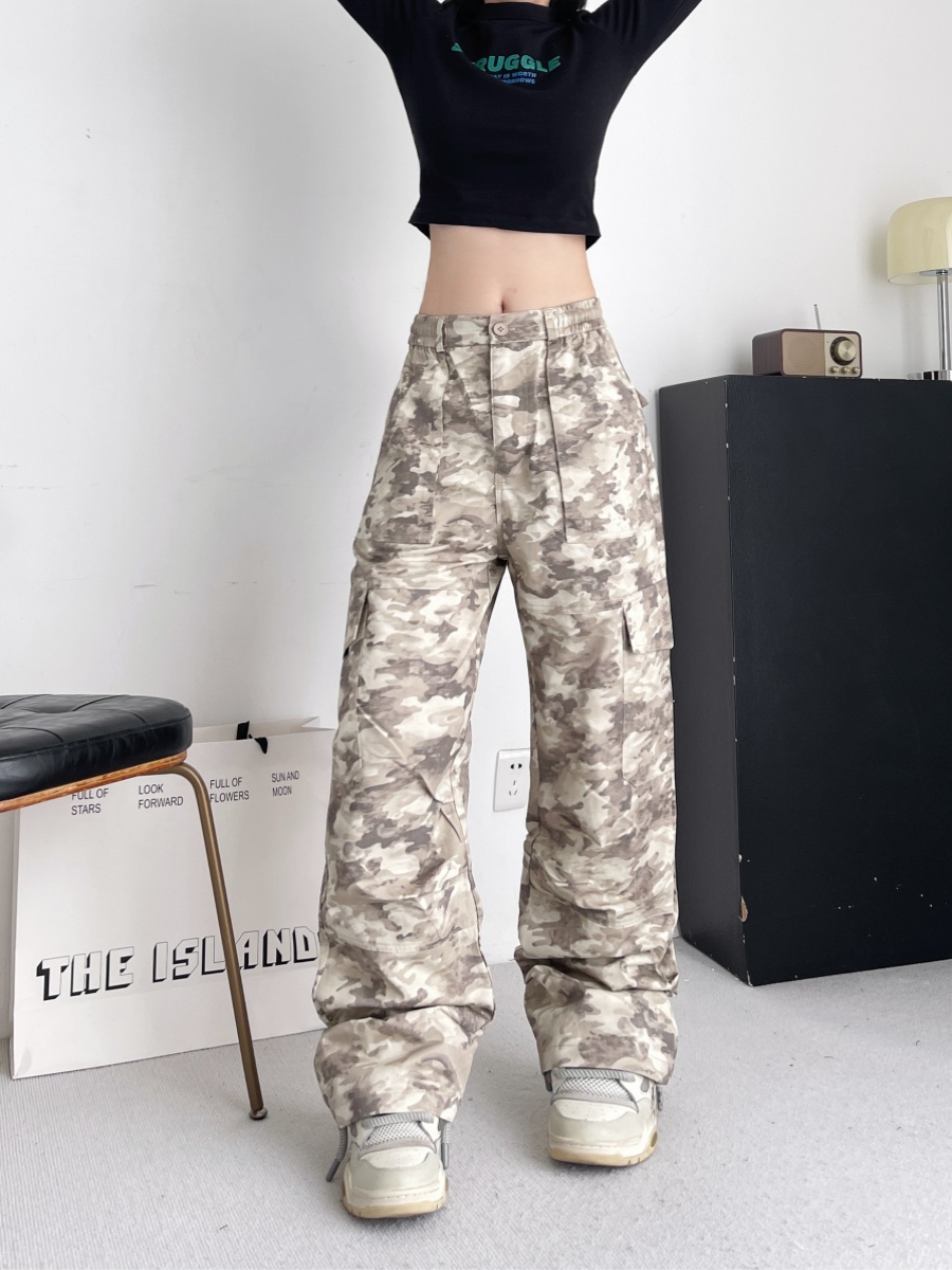 High-Waisted Loose-Fitting Camouflage Work Pants for Women, Slimming Straight-Leg Jazz Dance Style, Vintage 90s Fashion High-Waisted Loose-Fitting Camouflage Work Pants for Women, Slimming Straight-Leg Jazz Dance Style, Vintage 90s Fashion
